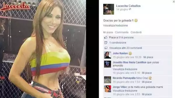 "Mi spoglierò se la nazionale colombiana dovesse vincere il Mondiale": lo ha promesso l'attrice sudamericana Lucecita Ceballos.