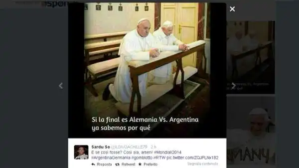 Su Twitter impazzano i fotomontaggi in vista di Germania-Argentina, già ribattezzata come "la finale dei papi".