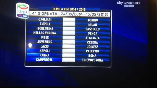 Quarta giornata col derby lombardo Inter-Atalanta, la Roma di scena al Tardini di Parma. La Juve riceve il Cesena, Milan ad Empoli.