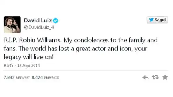 La morte di Robin Williams, attore di Hollywood e mito per almeno tre generazioni di amanti del cinema, ha gettato nello sconforto il mondo. E tanti sportivi hanno voluto salutarlo.