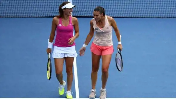 Flavia Pennetta e Martina Hingis in doppio agli Us Open.