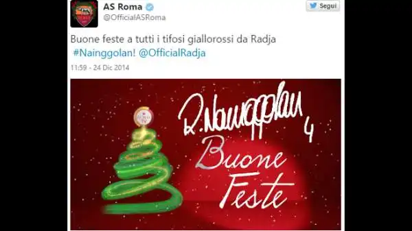 La Roma e Radja Nainggolan augurano buone feste.