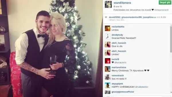 Mauro Icardi e l'immancabile Wanda Nara vestiti per la festa fanno gli auguri ai loro followers.