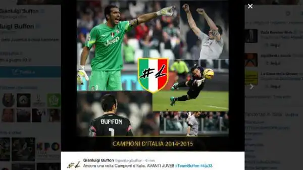 Gigi Buffon pubblica un collage di foto sul suo profilo Twitter, con uno scudetto con un numero 1 che campeggia nel mezzo.