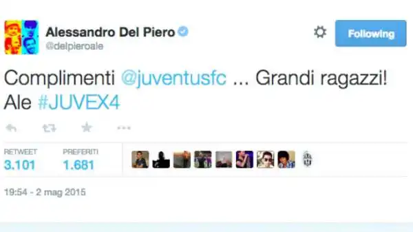 Anche Alessandro Del Piero si complimenta con i suoi ex compagni: "Grandi ragazzi!", twitta 'Pinturicchio'.