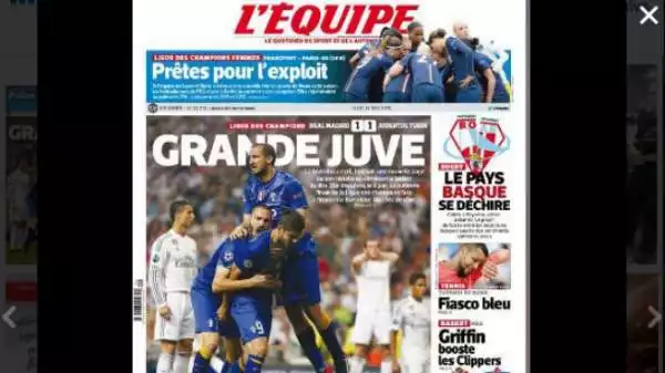 "Grande Juve", titolano i francesi de L'Equipe, celebrando la qualificazione centrata dalla 'Vecchia Signora'.
