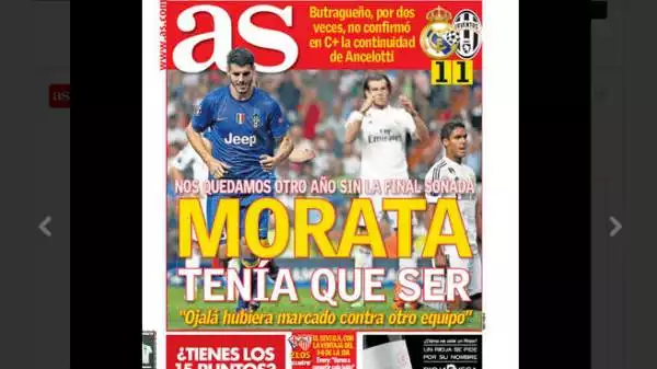 Gli spagnoli di As titolano su Alvaro Morata, l'ex risolutore che non esulta e viene fischiato dal Bernabeu.