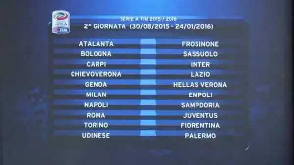 Subito grosse emozioni alla seconda: il 30 agosto 2015 la Juventus di Allegri va all'Olimpico contro la Roma di Garcia, per la sfida scudetto dello scorso campionato. Derby emiliano Bologna-Sassuolo.