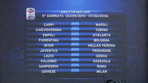 Il 23 settembre la quinta giornata, prima infrasettimanale, con un'interessante Sampdoria-Roma, derby del cuore per Ferrero. Juve e Inter ricevono Frosinone e Verona, Milan a Udine.