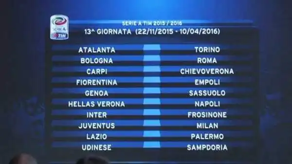 E il 22 novembre si incrociano Juventus e Milan, in una sfida come sempre piena di fascino. C'è anche Verona-Napoli, la sfida di 'Giulietta', e Bologna-Roma: Pallotta va a trovare Tacopina.