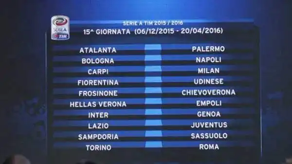 Lazio-Juventus è la gara principe della quindicesima giornata, il 6 dicembre. Inter-Genoa e Torino-Roma rendono il weekend più piccante.