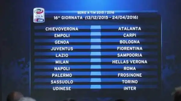 Giornata di grandi rivalità, la sedicesima. Il 13 dicembre vanno in scena Juve-Fiorentina e Napoli-Roma. Trasferta insidiosa dell'Inter a Udine. C'è Lazio-Samp.