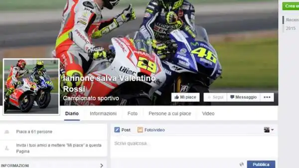 Si moltiplicano su Facebook gli appelli più o meno scherzosi a Iannone perchè a Valencia nell'ultimo Gp faccia cadere Lorenzo regalando così il titolo mondiale a Valentino Rossi.