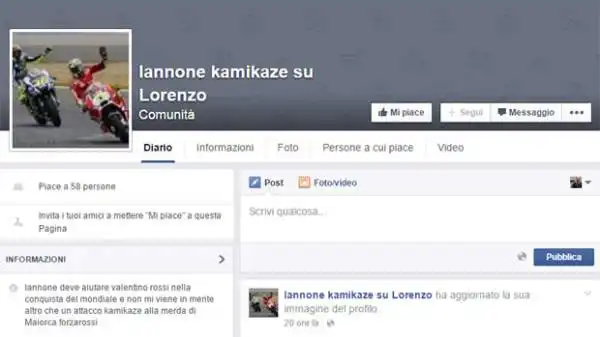 Si moltiplicano su Facebook gli appelli più o meno scherzosi a Iannone perchè a Valencia nell'ultimo Gp faccia cadere Lorenzo regalando così il titolo mondiale a Valentino Rossi.
