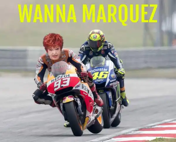 Il contatto tra Valentino Rossi e Marquez durante la penultima tappa del Mondiale 2015 ha scatenato la fantasia di tifosi che hanno invaso i social con post e immagini.