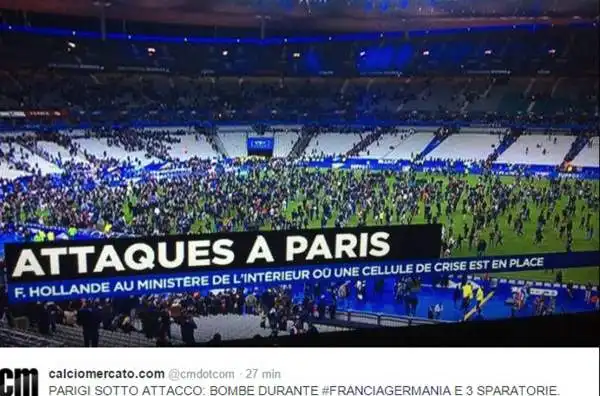 L'apocalisse a Parigi mentre Francia e Germania erano impegnate in amichevole. Decine di morti in una serie di attentati di matrice islamica. Nel 2016, in Francia, si giocheranno i campionati europei.