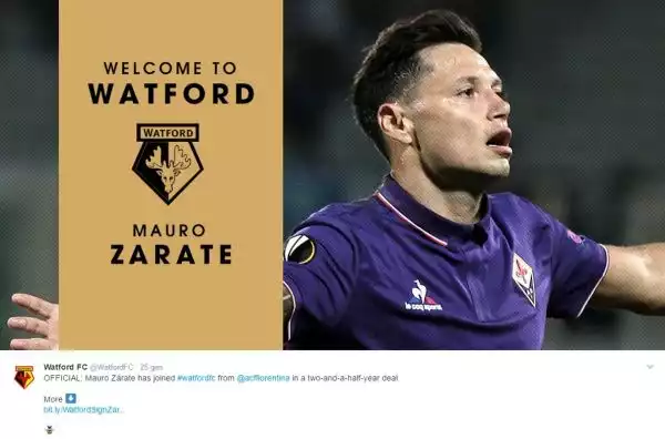 Mauro Zarate vola in Inghilterra. Lascia la Fiorentina per accasarsi al Watford.