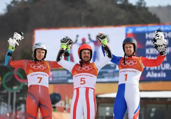 Il podio dello slalom gigante: bronzo al francese Pinturault.