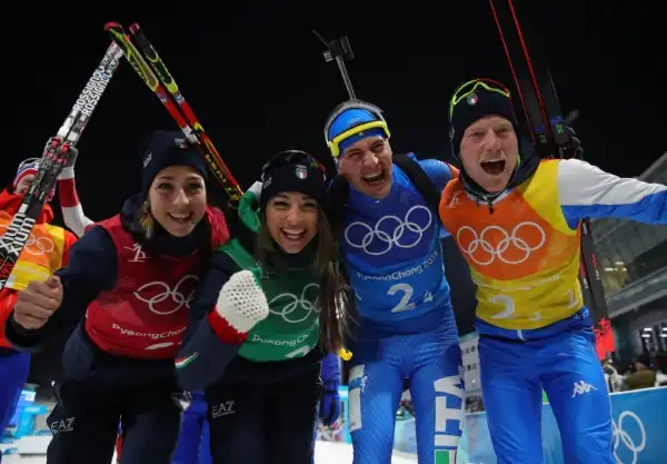 La staffetta mista bronzo nel Biathlon: Lisa Vittozzi, Dorothea Wierer, Dominik Windisch, Lukas Hofer.