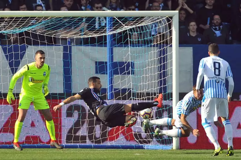Fabio Quagliarella con una doppietta trascina la Sampdoria alla vittoria contro la Spal per 2-1 a Ferrara e raggiunge Cristiano Ronaldo in testa alla classifica cannonieri a quota 19 gol.