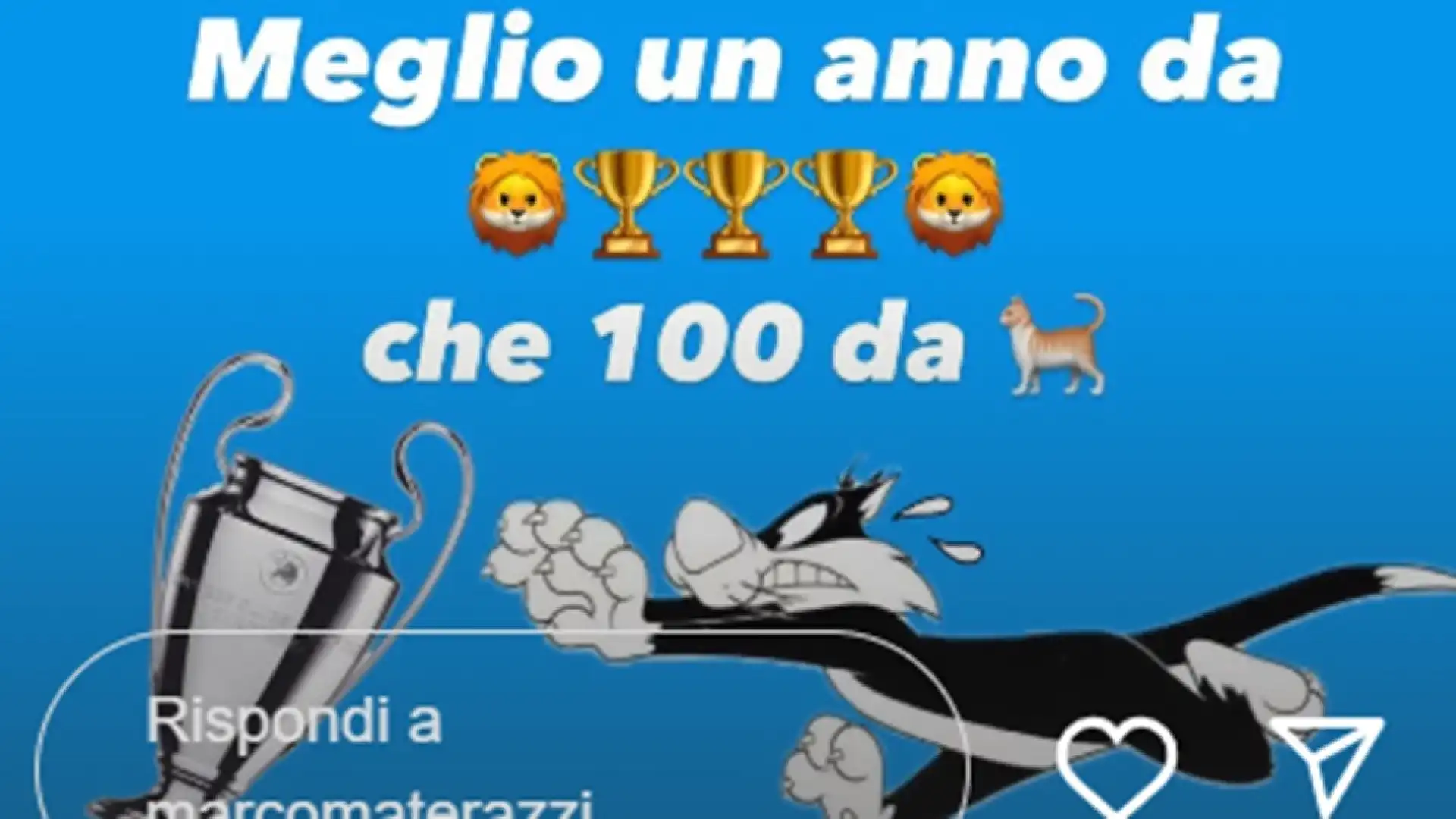 Materazzi ha mostrato anche un'immagine del gatto Silvestro che insegue invano il trofeo della Champions League